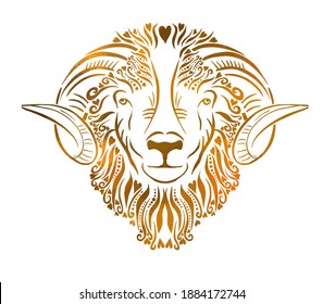 Zodiac signs - Aries gold. T-shirt print. Vector illustration. Mixed media