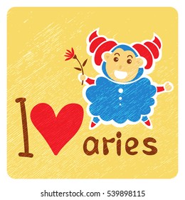 Zodiac signs Aries with heart isolated on grunge background. Cartoon funny characters. Design elements for greeting cards or flyers.
