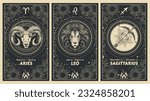 Zodiac signs Aries, Leo, Sagittarius, fire element, mystic astrology card set, horoscope banner with animals on black background for stories. Vector boho hand drawing, magic design.