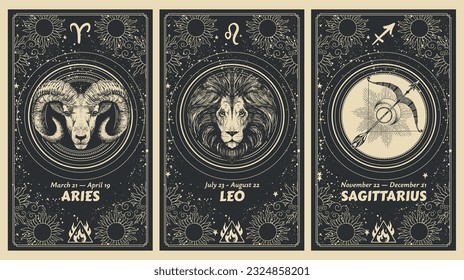 Letreros Zodiac Aries, Leo, Sagittarius, elemento de fuego, juego de tarjetas de astrología mística, banner de horóscopo con animales en fondo negro para historias. Dibujo manual de vectores, diseño mágico.