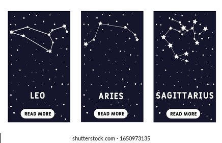 Signos de zodiaco: aries, sagittarius, leo. Pantallas de aplicaciones móviles para horóscopos, aplicaciones de astrología, sitios web, predicciones.
Interfaz de usuario móvil Horoscope 