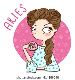 Zodiac Signs Aries. Vector Illustration Of The Girl.