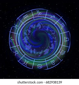 Zodiac signs around in outer space in the background of stars.