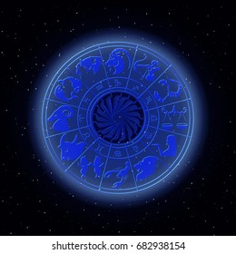 Zodiac signs around in outer space in the background of stars.