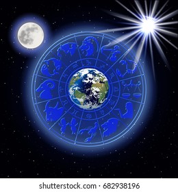 Zodiac signs around in outer space in the background of stars. Planet earth and moon.