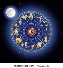 Zodiac signs around in outer space in the background of stars.
