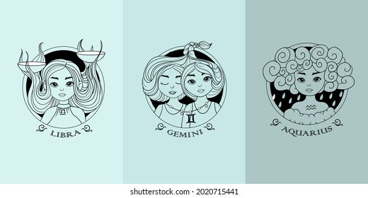 Zodiac signs. Astrological black and white icons of the element of air. A set of pretty girls with different hairstyles. Astronomy. Vector illustration isolated on a colored background.