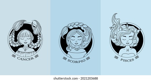 Zodiac signs. Astrological black and white icons of the element of water. A set of pretty girls with different hairstyles. Astronomy. Vector illustration isolated on a colored background.