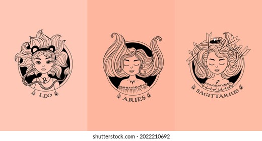 Zodiac signs. Astrological black and white icons of the element of fire. A set of pretty girls with different hairstyles. Astronomy. Vector illustration isolated on a colored background.