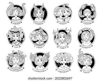 Zodiac signs. Astrological black-white icons. A set of pretty girls with different hairstyles. Astronomy. Vector illustration isolated on white background.