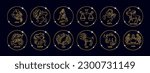 Zodiac signs, astrological horoscope signs. Contour golden drawings on a black background. Icons, vector	
