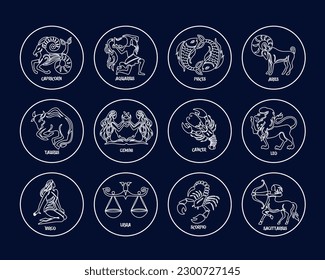 Zodiac signs, astrological horoscope signs. Contour white drawings on a blue background. Icons, vector	