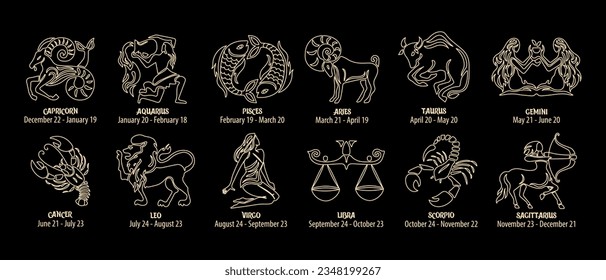 Zodiac signs, astrological horoscope signs. Gold and black design.  Icons, vector