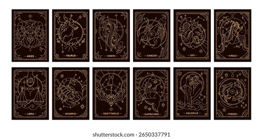 Zodiac signs, astrology cards, posters design, set. Golden horoscope symbols, Gemini, Scorpio, Virgo, Cancer, Pisces and Sagittarius constellations, vintage line drawings. Drawn vector illustration