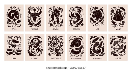 Zodiac signs, astrology cards set. Horoscope symbols on posters. Aries, libra, aquarius, virgo, scorpio, gemini, taurus and pisces silhouettes, celestial esoteric designs. Flat vector illustration