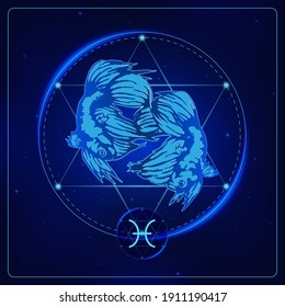 Zodiac signs astrology. Constellations Pisces horoscope sign in twelve zodiac with galaxy stars background. Vector illustration Modern.
