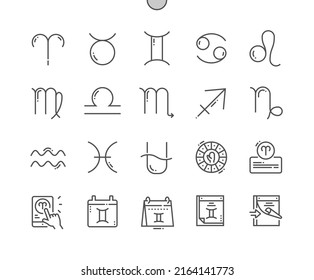 Zodiac signs. Astrology and esoteric. Weekly horoscope. Pixel Perfect Vector Thin Line Icons. Simple Minimal Pictogram