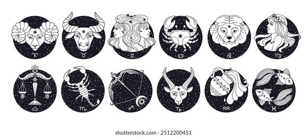 Zodiac signs. Astrology horoscope symbols. Hand drawn mystical twelve constellation with stars. Astrological spiritual elements. Horoscope calendar images. Vector set.