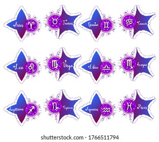 Zodiac signs. Astrology signs. Moon sign labels. Vedic chart symbols. Astrology sticker set. Celestial objects collection. Astronomy badges. Vector stock illustration. Midnight sky star design pattern