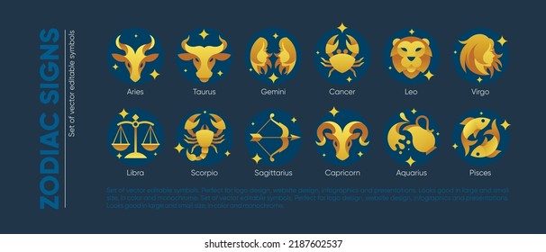 Zodiac signs astrology Set of vector editable symbols icons logos - Shutterstock ID 2187602537
