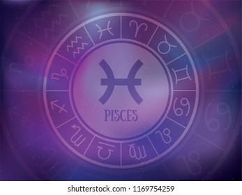Zodiac signs background. Astrological round calendar collection, zodiacal purple violet trendy color vector horoscope. Cosmos, space. Pisces