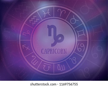 Zodiac signs background. Astrological round calendar collection, zodiacal purple violet trendy color vector horoscope. Cosmos, space. Capricorn, sagittarius, aries, gemini, scorpio