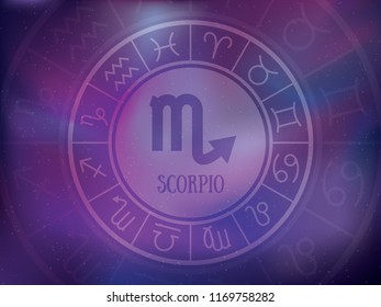 Zodiac signs background. Astrological round calendar collection, zodiacal purple violet trendy color vector horoscope. Cosmos, space. Scorpio, scorpion