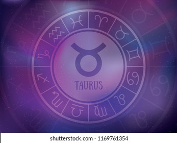 Zodiac signs background. Astrological round calendar collection, zodiacal purple violet trendy color vector horoscope. Taurus, cancer, pisces, virgo, capricorn, sagittarius, aries, gemini, scorpio