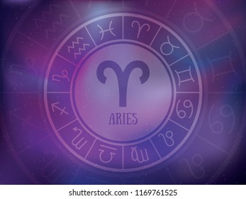 Zodiac signs background. Astrological round calendar collection, zodiacal purple violet trendy color vector horoscope. Cosmos, space. Aries, gemini, scorpio