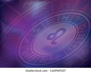 Zodiac signs background. Leo. Astrological round calendar. Zodiacal purple trendy color vector horoscope. Cosmos, space. Violet circle