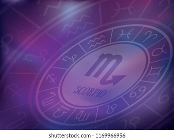Zodiac signs background. Scorpio. Astrological round calendar. Zodiacal purple trendy color vector horoscope. Cosmos, space. Violet circle
