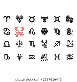 Zodiac signs black glyph big icons set on white space. Horoscope prediction. Astrological elements and their meaning. Silhouette symbols. Solid pictogram pack. Vector isolated illustration