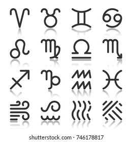 Zodiac Signs black silhouette with reflection icon set. Monochrome flat design twelve horoscope and four forces element astrology symbol collection. Simple graphic pictogram pack. Vector illustration