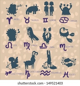 zodiac signs (zodiac - black silhouettes, set of zodiac signs, stylized icons of zodiac signs, set of horoscope symbols, astrology symbols set)