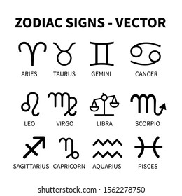 Zodiac signs black simple vector- aries,taurus, gemini,cancer,leo,virgo,libra,scorpio,sagittarius,capricorn,aquarius,pisces.