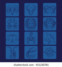 Zodiac signs blue icons set vector illustration