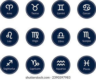 Zodiac signs, blue icons, vector. Horoscope. Zodiac signs symbols: Aries, Taurus, Gemini, Cancer, Leo, Virgo, Libra, Scorpio, Sagittarius, Capricorn, Aquarius and Pisces.