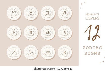 Zodiac signs in boho style. Highlights Stories Covers for popular social media. Set of astrological icons isolated on white background. Mystery and esoteric. Horoscope logo vector illustration.