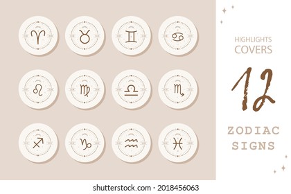 Zodiac signs in boho style. Highlights Stories Covers for popular social media. Set of astrological icons isolated on white background. Mystery and esoteric. Horoscope logo vector illustration.