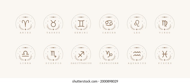 Zodiac-Schilder im Boho-Stil. Set von astrologischen Symbolen einzeln auf weißem Hintergrund. Rätsel und Esoterie. Horoskop Logo, Vektorgrafik. Spirituelle Tarot-Karte.