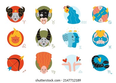 Zodiac signs. Bundle of vector illustration, astrological theme set isolated on white background. Cute hand drawn trendy illustration. Flat cartoon vector style.