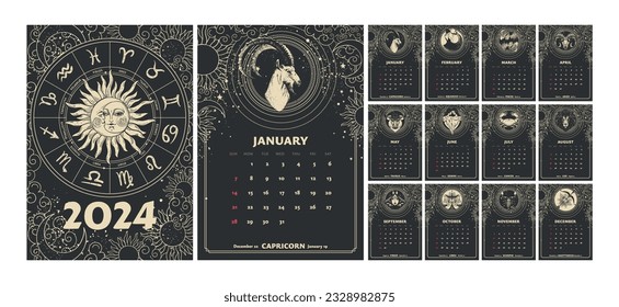 Zodiac signs Calendar 2024, astrology magical vertical calendar week starts on Sunday, A4 printable template set, black mystical universe background. Hand drawn vector illustration.