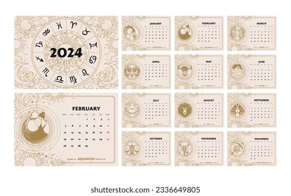 Signos Zodiac Calendario 2024, plantilla mágica de impresión astrológica, la semana comienza el lunes, conjunto A4 imprimible, fondo beige. Ilustración vectorial dibujada a mano.