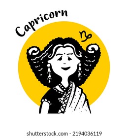 Zodiac signs Capricorn comic face and character of people in style of doodles for avatar in yellow circle