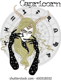 Zodiac signs Capricorn  - Vector illustration of the girl with blonde red hair and big eyes . Astrology, zodiac sign.  Mysterious blonde woman.