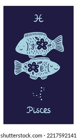 Zodiac signs card. Astrological symbol. Patterned silhouette animal. Pisces constellation. Doodle blue fish with flowers ornament. Astrology calendar. Star scheme. Vector