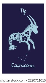 Zodiac signs card. Astrological symbol. Patterned silhouette animal. Capricorn constellation. Astrology calendar. Star scheme. Floral ornament. Doodle creature. Vector