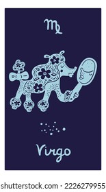 Zodiac signs card. Virgo constellation. Astrological symbol. Patterned silhouette horoscope animal. Astrology calendar. Funny poodle dog. Doodle creature. Vector zodiacal