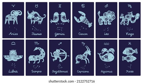 Zodiac signs cards. Astrological symbols. Zodiacal animals with floral patterned silhouettes. Constellations icons with detailed flower ornament. Vector decorative