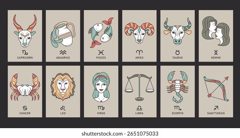 Zodíaco sinaliza cartões clipart set. Horóscopo astrologia cartaz clip arte do pictograma de 12 meses de nascimento desenho abstrato coleção vetor ilustração. 
